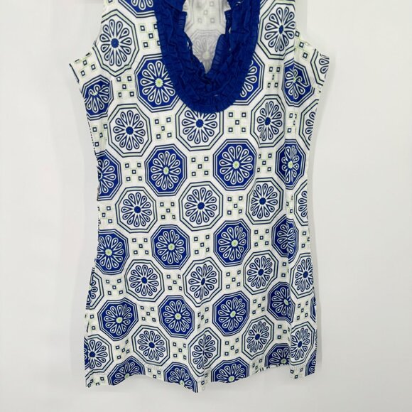 Tracy Negoshian Blue White Sleeveless dress cotton Ruffle Neckline size large - Picture 3 of 11